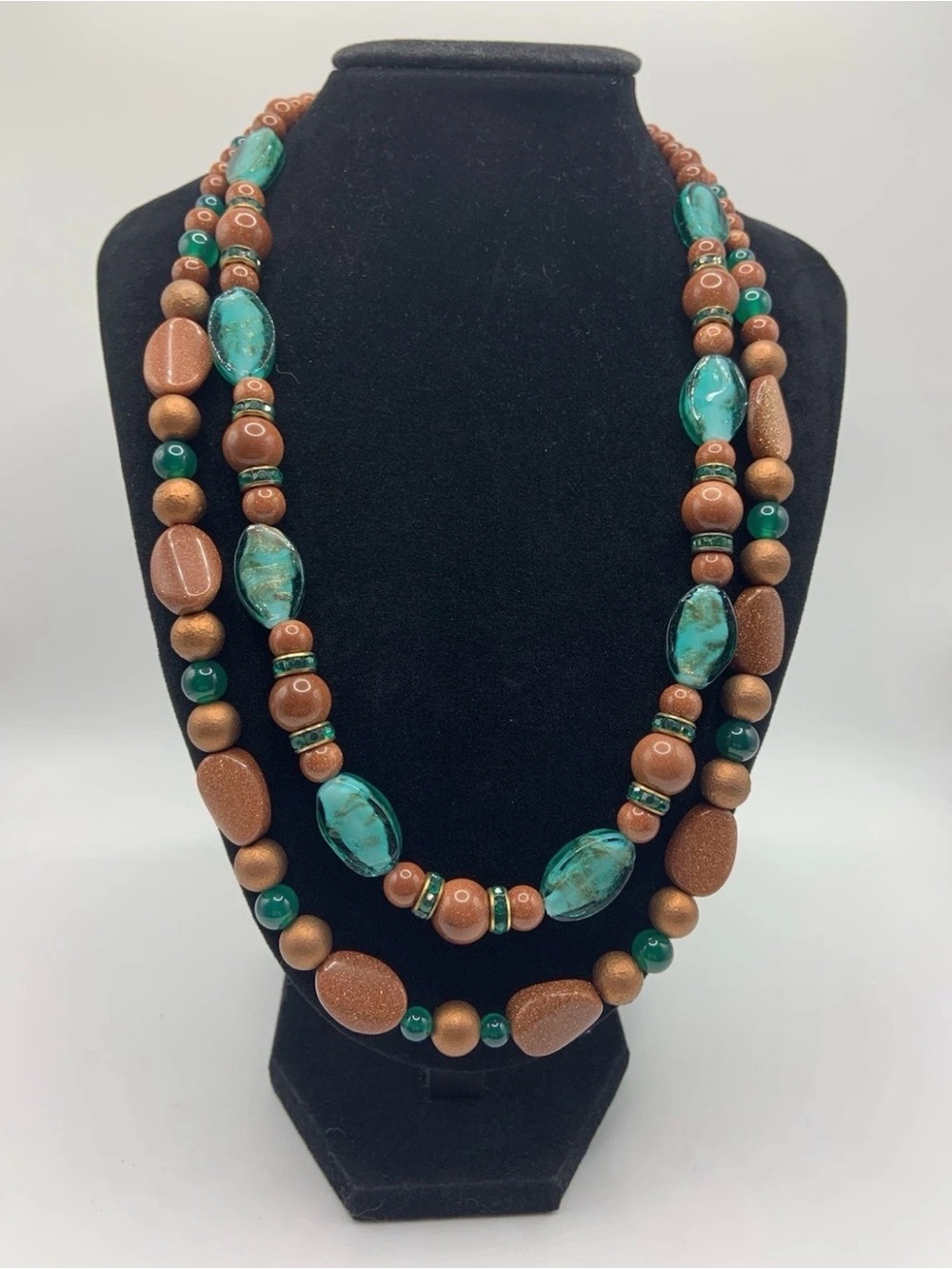 Vintage 2 Strand Glass Beaded Statement Necklace Gold Tone 20”-22”